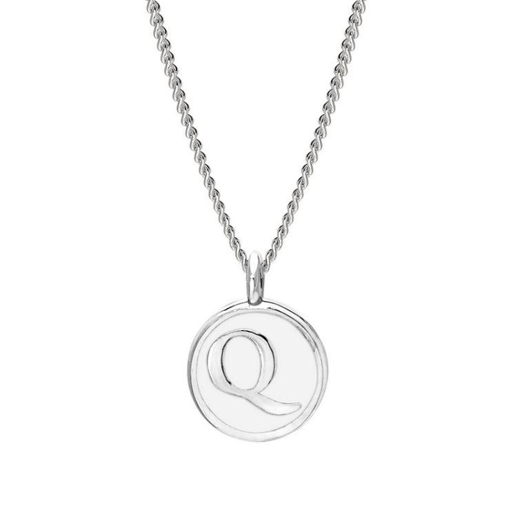 Rhodium Finish Sterling Silver White Enamel Initial Necklace on 18" Curb Chain - Q