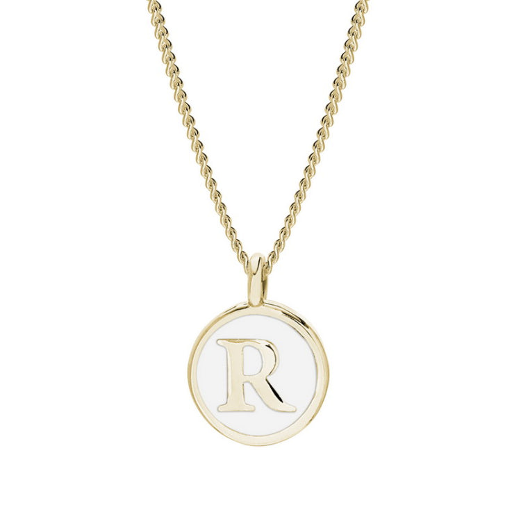 Gold Finish Sterling Silver White Enamel Initial Necklace on 18" Curb Chain - R