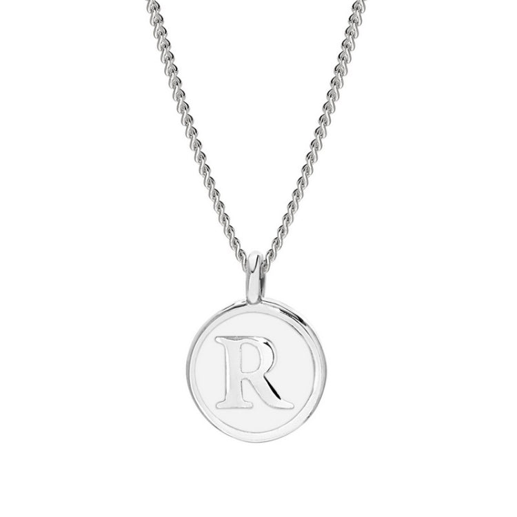 Rhodium Finish Sterling Silver White Enamel Initial Necklace on 18" Curb Chain - R