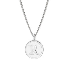 Rhodium Finish Sterling Silver White Enamel Initial Necklace on 18" Curb Chain - R