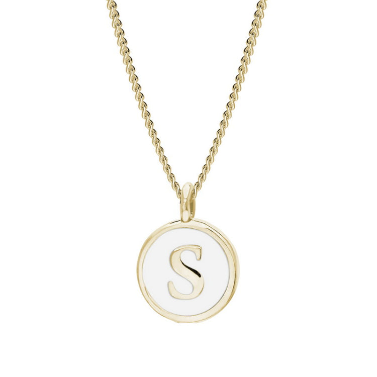 Gold Finish Sterling Silver White Enamel Initial Necklace on 18" Curb Chain - S