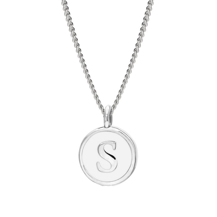 Rhodium Finish Sterling Silver White Enamel Initial Necklace on 18" Curb Chain - S