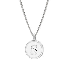 Rhodium Finish Sterling Silver White Enamel Initial Necklace on 18" Curb Chain - S