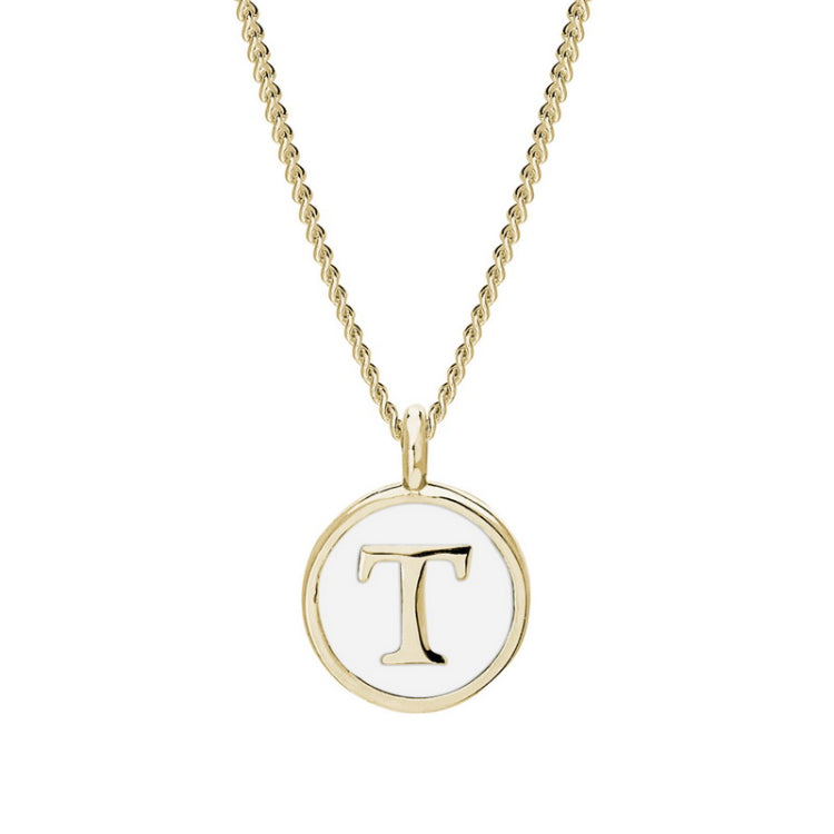Gold Finish Sterling Silver White Enamel Initial Necklace on 18" Curb Chain - T