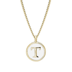 Gold Finish Sterling Silver White Enamel Initial Necklace on 18" Curb Chain - T