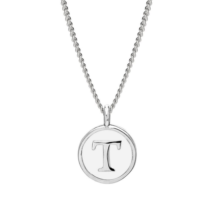 Rhodium Finish Sterling Silver White Enamel Initial Necklace on 18" Curb Chain - T