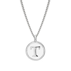 Rhodium Finish Sterling Silver White Enamel Initial Necklace on 18" Curb Chain - T