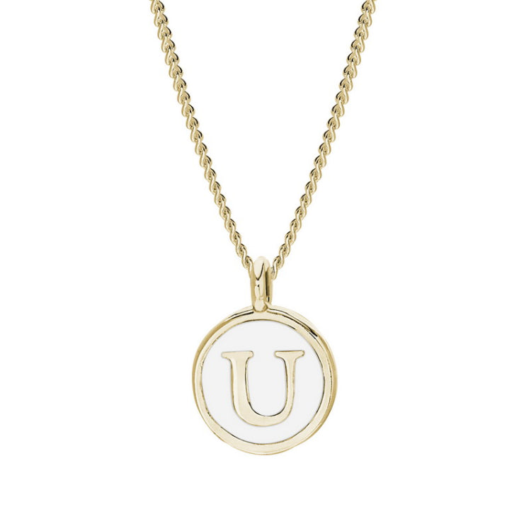 Gold Finish Sterling Silver White Enamel Initial Necklace on 18" Curb Chain - U