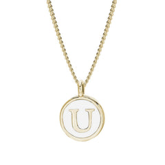 Gold Finish Sterling Silver White Enamel Initial Necklace on 18" Curb Chain - U