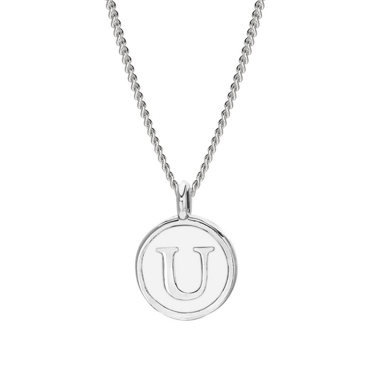 Rhodium Finish Sterling Silver White Enamel Initial Necklace on 18" Curb Chain - U