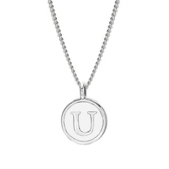 Rhodium Finish Sterling Silver White Enamel Initial Necklace on 18" Curb Chain - U