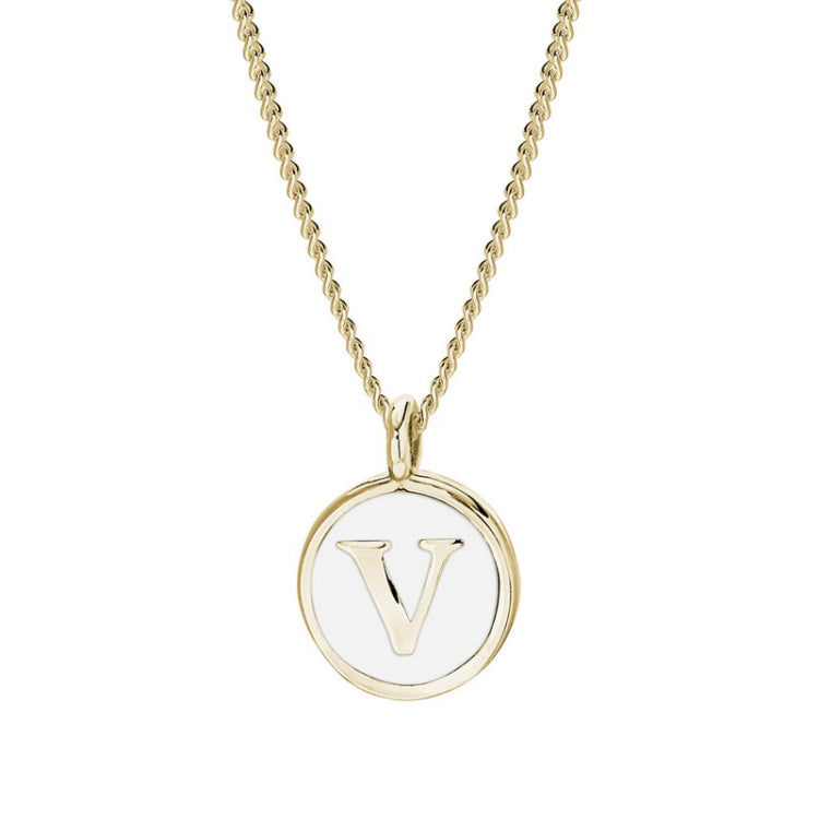 Gold Finish Sterling Silver White Enamel Initial Necklace on 18" Curb Chain - V