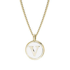 Gold Finish Sterling Silver White Enamel Initial Necklace on 18" Curb Chain - V