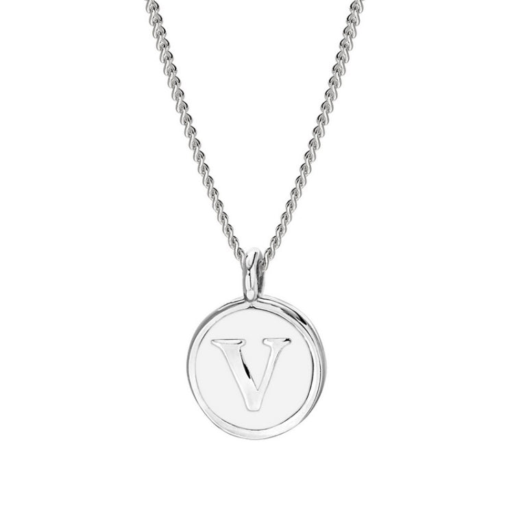 Rhodium Finish Sterling Silver White Enamel Initial Necklace on 18" Curb Chain - V