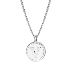 Rhodium Finish Sterling Silver White Enamel Initial Necklace on 18" Curb Chain - V