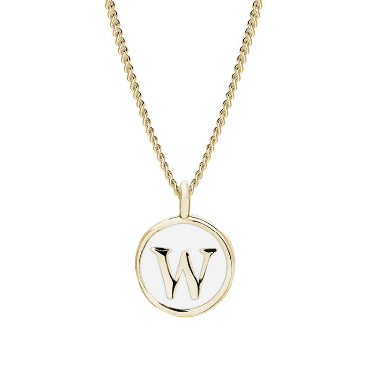 Gold Finish Sterling Silver White Enamel Initial Necklace on 18" Curb Chain - W