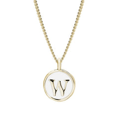 Gold Finish Sterling Silver White Enamel Initial Necklace on 18" Curb Chain - W