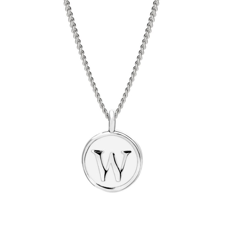 Rhodium Finish Sterling Silver White Enamel Initial Necklace on 18" Curb Chain - W