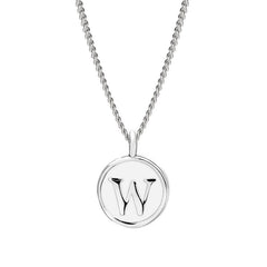 Rhodium Finish Sterling Silver White Enamel Initial Necklace on 18" Curb Chain - W