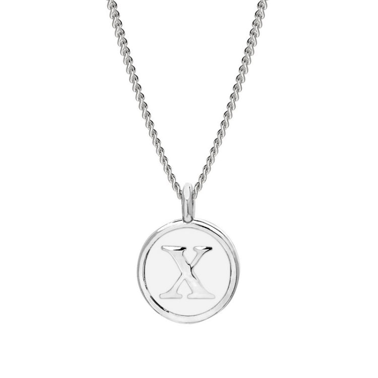 Rhodium Finish Sterling Silver White Enamel Initial Necklace on 18" Curb Chain - X