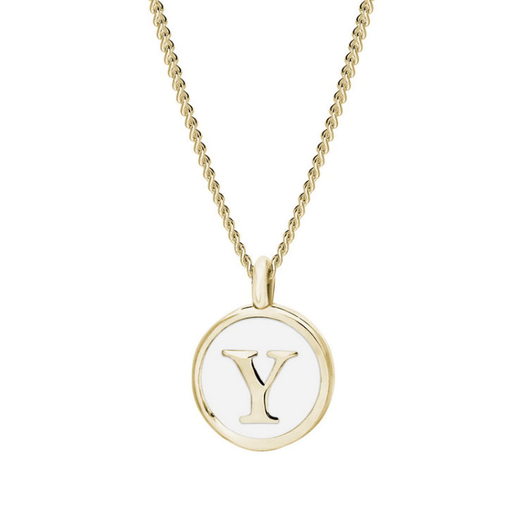 Gold Finish Sterling Silver White Enamel Initial Necklace on 18" Curb Chain - Y
