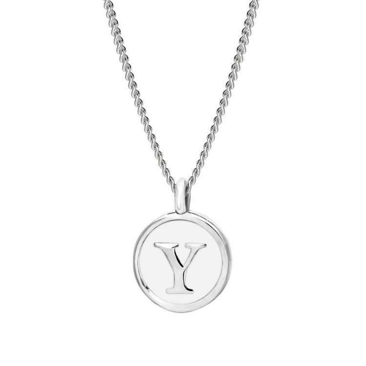 Rhodium Finish Sterling Silver White Enamel Initial Necklace on 18" Curb Chain - Y