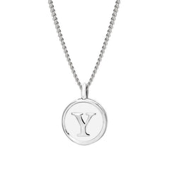 Rhodium Finish Sterling Silver White Enamel Initial Necklace on 18" Curb Chain - Y