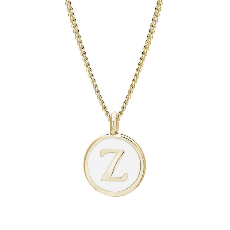 Gold Finish Sterling Silver White Enamel Initial Necklace on 18" Curb Chain - Z