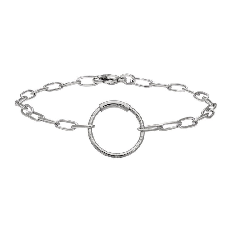 Rhodium Finish Sterling Silver Paper Clip Bracelet with Center Circle Station
