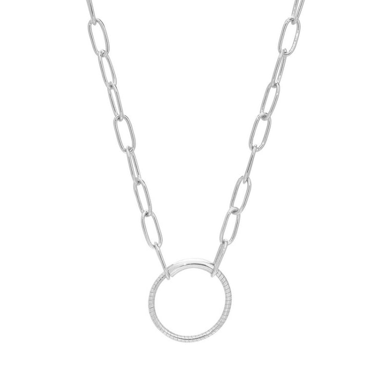 Rhodium Finish Sterling Silver 20 Paper Clip Necklace with Center Circle Station