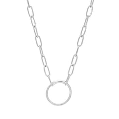 Rhodium Finish Sterling Silver 20 Paper Clip Necklace with Center Circle Station