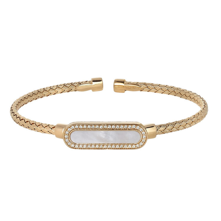 Gold Finish Sterling Silver Basketweave Cable Cuff  Bracelet with an Oval with Simulated Diamonds and a Mother of Pearl Ston