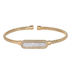 Gold Finish Sterling Silver Basketweave Cable Cuff  Bracelet with an Oval with Simulated Diamonds and a Mother of Pearl Ston