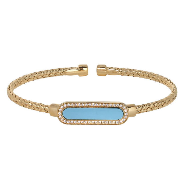 Gold Finish Sterling Silver Basketweave Cable Cuff  Bracelet with an Oval with Simulated Diamonds and a Turquois Stone