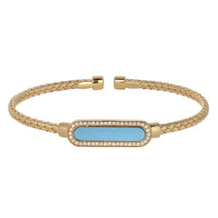 Gold Finish Sterling Silver Basketweave Cable Cuff  Bracelet with an Oval with Simulated Diamonds and a Turquois Stone