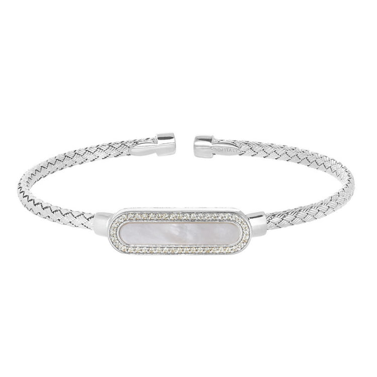 Rhodium Finish Sterling Silver Basketweave Cable Cuff  Bracelet with an Oval with Simulated Diamonds and a Mother of Pearl S