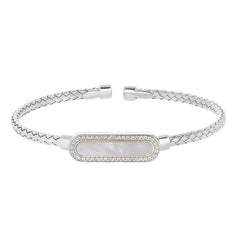 Rhodium Finish Sterling Silver Basketweave Cable Cuff  Bracelet with an Oval with Simulated Diamonds and a Mother of Pearl S