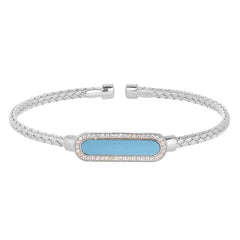 Rhodium Finish Sterling Silver Basketweave Cable Cuff  Bracelet with an Oval with Simulated Diamonds and a Turquois Stone