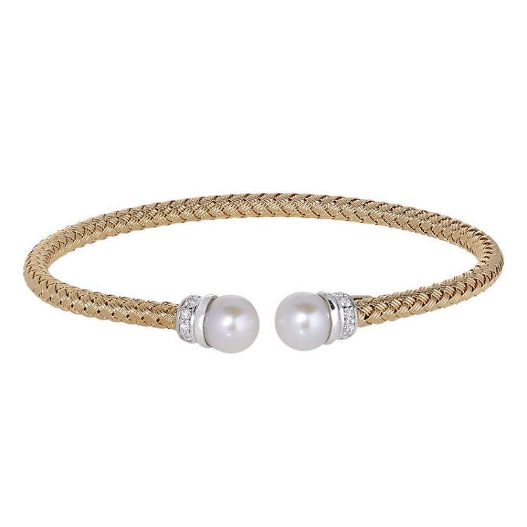 Gold Finish Sterling Silver Basketweave Cable Cuff  Bracelet with Rhodium Finish Ends With Simualated Diamonds and a Pearl