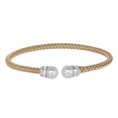 Gold Finish Sterling Silver Basketweave Cable Cuff  Bracelet with Rhodium Finish Ends With Simualated Diamonds and a Pearl