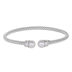 Rhodium Finish Sterling Silver Basketweave Cable Cuff  Bracelet with Rhodium Finish Ends With Simualated Diamonds and a Pear