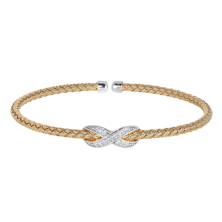 Gold Finish Sterling Silver Basketweave Cable Cuff  Bracelet with Rhodium Finish Infititry With Simualated Diamonds