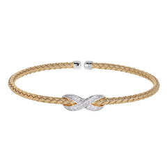 Gold Finish Sterling Silver Basketweave Cable Cuff  Bracelet with Rhodium Finish Infititry With Simualated Diamonds