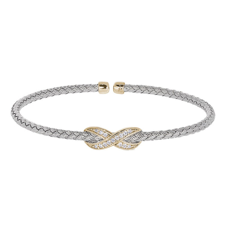 Rhodium Finish Sterling Silver Basketweave Cable Cuff  Bracelet with Gold Finish Infititry With Simualated Diamonds