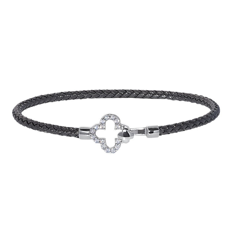 Black Rhodium Finish Sterling Silver Basketweave Cable Cuff  Bracelet with Simulated Diamonds and a Clover Closure
