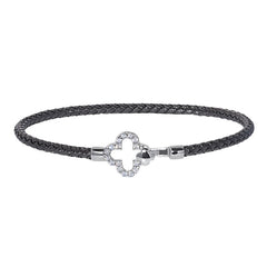 Black Rhodium Finish Sterling Silver Basketweave Cable Cuff  Bracelet with Simulated Diamonds and a Clover Closure