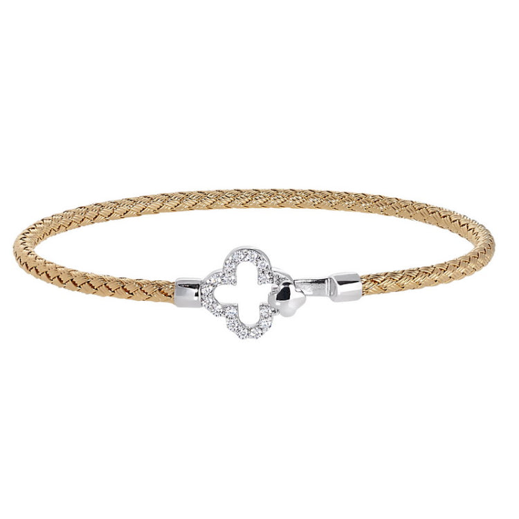 Gold Finish Sterling Silver Basketweave Cable Cuff  Bracelet with Simulated Diamonds and a Clover Closure
