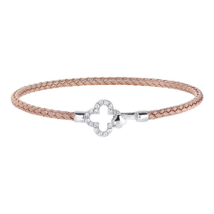 Rose Gold Finish Sterling Silver Basketweave Cable Cuff  Bracelet with Simulated Diamonds and a Hook Closure