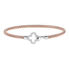 Rose Gold Finish Sterling Silver Basketweave Cable Cuff  Bracelet with Simulated Diamonds and a Hook Closure