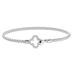 Rhodium Finish Sterling Silver Basketweave Cable Cuff  Bracelet with Simulated Diamonds and a Clover Closure